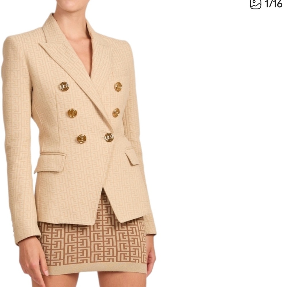 Balmain Beige Patterned Blazer with Gold Buttons